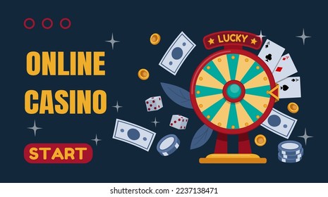 Casino roulette game banner, wheel landing page. Fortune or success, money for winners, fun number. Playing gambling chips and cards, golden coins. Casino entertainment. Vector tidy background