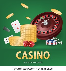 Casino roulette with gold coin, chips, red dice, cards realistic gambling poster banner. Casino vegas fortune roulette wheel design flyer. Blue background.