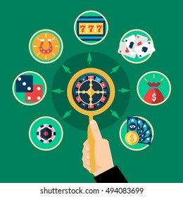 Casino roulette in hand icons round composition with cards coins dice 777 symbols flat vector illustration
