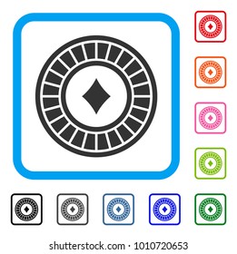 Casino Roulette icon. Flat grey iconic symbol inside a blue rounded rectangle. Black, grey, green, blue, red, pink color additional versions of casino roulette vector.