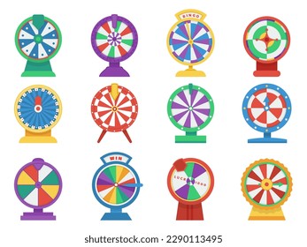 Iconos de la ruleta del casino. Juego de ruedas planas, rotación con suerte de elementos aislados de la rueda. Símbolos de juego en línea, decente vector gráfico señas de suerte