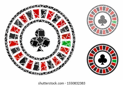 Casino roulette mosaic of ragged elements in various sizes and color tints, based on casino roulette icon. Vector joggly elements are combined into mosaic.