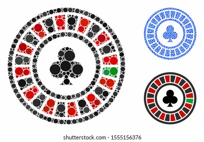 Casino roulette mosaic of round dots in various sizes and color tints, based on casino roulette icon. Vector round dots are composed into blue composition.
