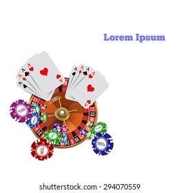 Casino Roulette Playing Cards witn Falling Chips. Vector illustration