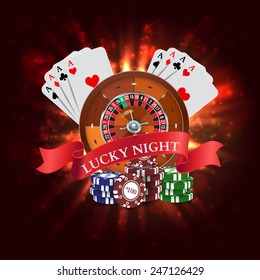 Casino. Roulette with Red Ribbon Lucky night. Vector illustration