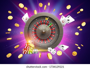 The Casino roulette, surrounded attributes of gambling, on a explosion coins background. Vector illustration realistic concept design for casino