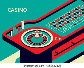 Mesa de ruleta de casino en estilo plano isométrico. Rueda, patatas fritas y dados. Ilustración vectorial.