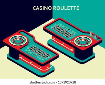 Mesa de ruleta de casino en estilo plano isométrico. Rueda, patatas fritas y dados. Ilustración vectorial.