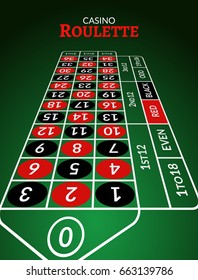 Casino roulette table perspective illustration. Green gambling roulette table with numbers.