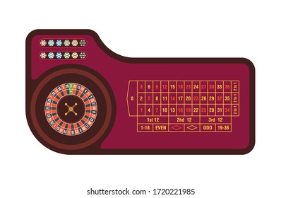 Casino roulette table. Red gambling roulette table with numbers. top view