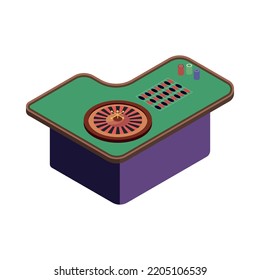 Casino roulette table with stacks of chips 3d isometric vector illustration