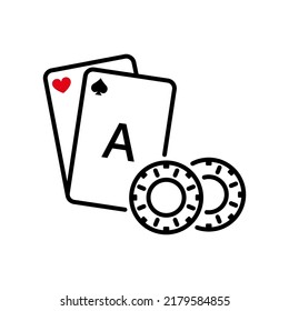 Casino Roulette in Vegas Outline Pictogram. Play Card Gamble Game Flat Symbol. Play Poker Card Chip Black Line Icon. Lucky Gambling Blackjack Bridge Poker Sign. Isolated Vector Illustration.