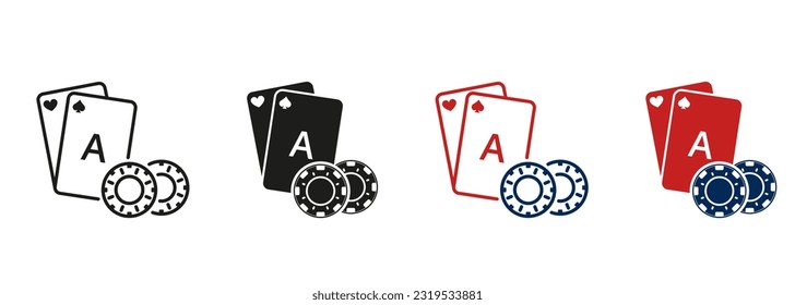 Casino Roulette in Vegas, Play Card with Poker Chip, Line and Silhouette Icon Set. Lucky Gambling, Blackjack, Bridge, Poker Sign. Gamble Game Symbol Collection. Isolated Vector Illustration.