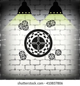 Casino roulette wheel and chips illustration.