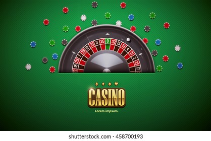 casino roulette wheel with casino chips isolated on green casino table realistic objects 3d with place for text eps 10 vector illustration 