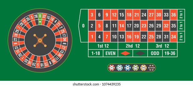 Casino roulette wheel with casino chips on green table