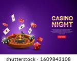 Casino roulette wheel with chips poker, playing cards and red dice on sparkling purple background. Vector illustration
