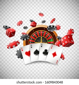 Casino roulette wheel with chips poker, playing cards and red dice on isolated transparent background. Vector illustration