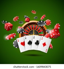 Casino roulette wheel with chips poker, playing cards and red dice on sparkling green background. Vector illustration