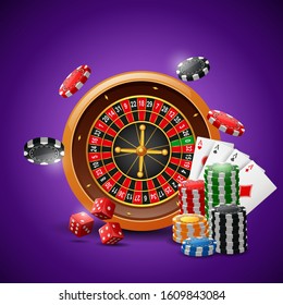 Casino roulette wheel with chips poker, playing cards and red dice on sparkling purple background. Vector illustration