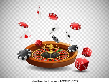 Casino roulette wheel with chips poker, playing cards and red dice on isolated transparent background. Vector illustration 