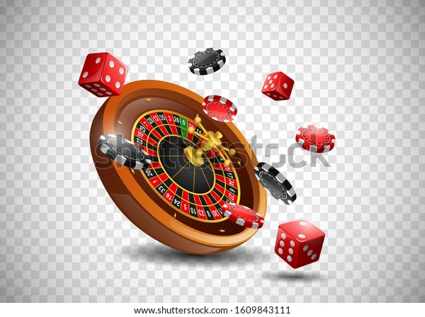Casino\
roulette wheel with chips poker and red dice on isolated\
transparent background. Vector illustration\
