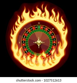 Casino roulette wheel in fiery ring on dark green background. Vector illustration