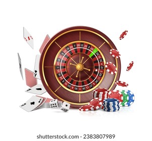 Casino roulette wheel with flying cards, poker chips and dice. Isolated on white background.