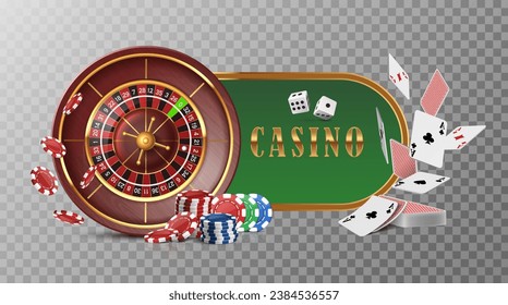 Casino roulette wheel with flying cards, poker chips and dice. Isolated on dark background.
