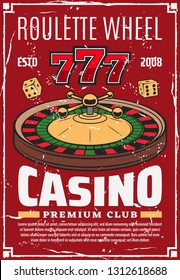 Casino roulette wheel and gambling dice, retro vector lucky numbers. Money stakes and risk in game of luck, 777 combination, play with money stakes. Chance and opportunity, wealth and fortune