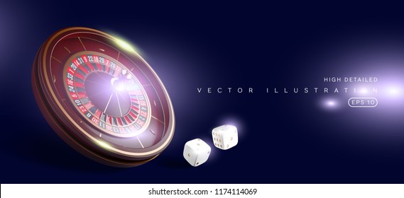 Casino roulette wheel isolated on blue background. 3d realistic vector illustration. Online poker casino roulette gambling concept design