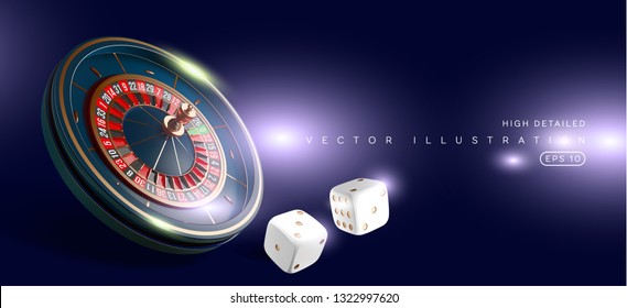 Casino roulette wheel isolated on blue background. 3d realistic vector illustration. Online poker casino roulette gambling concept design