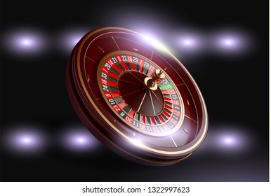 Casino roulette wheel isolated on blue background. 3d realistic vector illustration. Online poker casino roulette gambling concept design