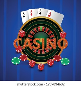 Casino roulette wheel with playing cards, chips and dice on creative background
