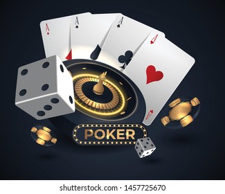 Casino roulette wheel and poker cards 3d style Vector