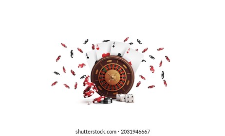Casino Roulette wheel with poker chips and playing cards isolated on white background. Big win in roulette
