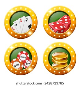 Casino round 3D icons. Casino element in gold frame with light bulbs. Vector clipart.