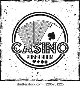 Casino round badge or emblem with playing cards on textured background vector illustration