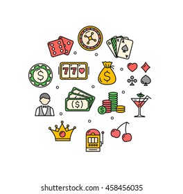 Casino Round Design Template Thin Line Icon Set Isolated on White Background. Vector illustration
