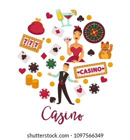 Casino round promo emblem with gambling equipment set