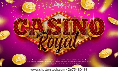 Casino Royal 3D Text Effect Design Editable Vector Graphic Style with Shadow and Gold Scalable Typography Lettering, Light Bulb Billboard, Casino Coin and Falling Confetti on Shiny Pink Background.