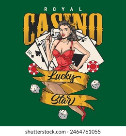 Casino royal colorful vintage poster with seductive woman near poker cards and chips for gambling for money vector illustration