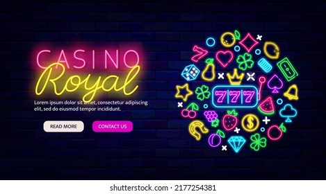 Casino royal neon promotion flyer. Website landing page template. Round label with shiny icons. Jackpot concept. Gambling design. Slot machine emblem. Bright logo. Vector stock illustration