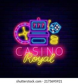 Casino royal neon signboard. Slot machine and roulette. Gambling concept. Glowing label on brick wall. Bright logo. Editable stroke. Vector stock illustration