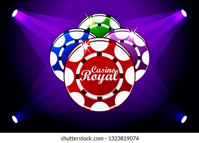 Casino Royale banner with lighting Icon Playing Chips. Vector symbols poker, icon and text. Illustration for casino, slots and game UI. Objects on a separate layer