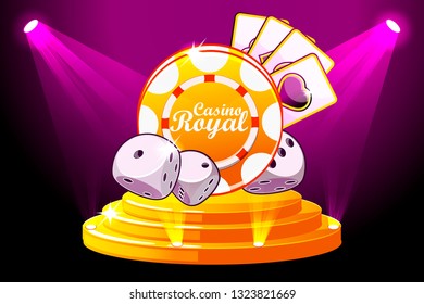 Casino Royale banner with lighting Icon Playing Chip and Dice. Vector symbols poker on Stage Podium Scene. Illustration for casino, slots and game UI. Objects on a separate layer