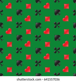 Casino seamless pattern with card suits on green background. Vector illustration.