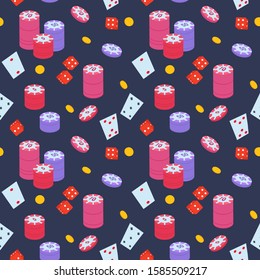 Casino seamless pattern. Casino chip, playing cards, dice. Vector illustration.
