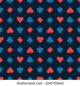 Casino seamless pattern with playing card symbols. Black background. Flat style illustration.