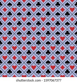 casino seamless pattern with playing cards suits. blue backdrop. spades, clubs,diamonds and hearts signs and symbols.